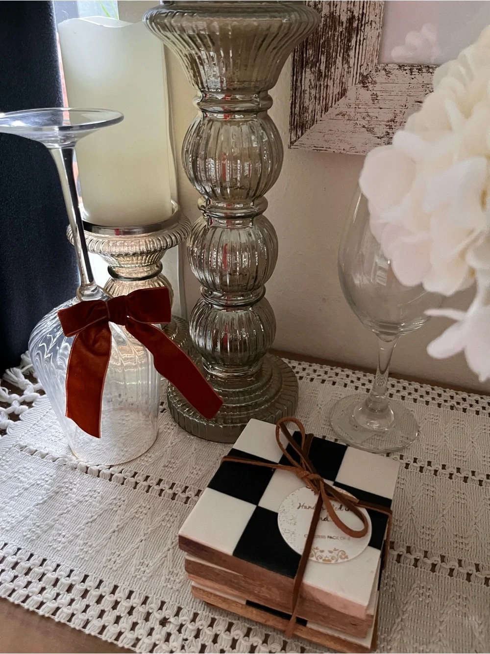 Checkerboard Coaster Set with Brown Trim - White & Black